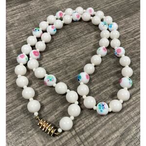 Vintage 1950's White Colorful Swirl Milk Glass & Lucite Beaded Necklace 24.5”